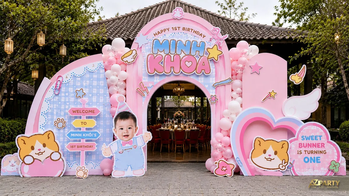 Cổng sinh nhật Minh Khôi chủ đề Sweet Bunner màu hồng xanh với nhân vật dễ thương và bóng bay