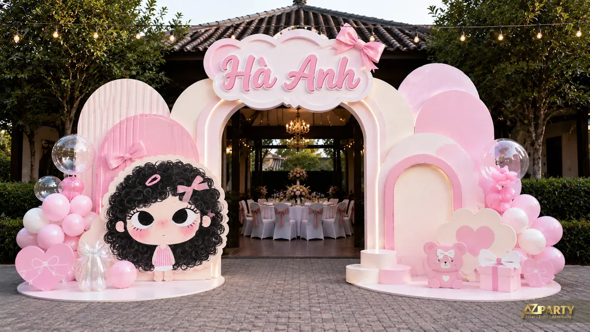 Cổng sinh nhật Hà Anh tone hồng pastel với standee búp bê, hộp quà và bóng bay ngoài trời