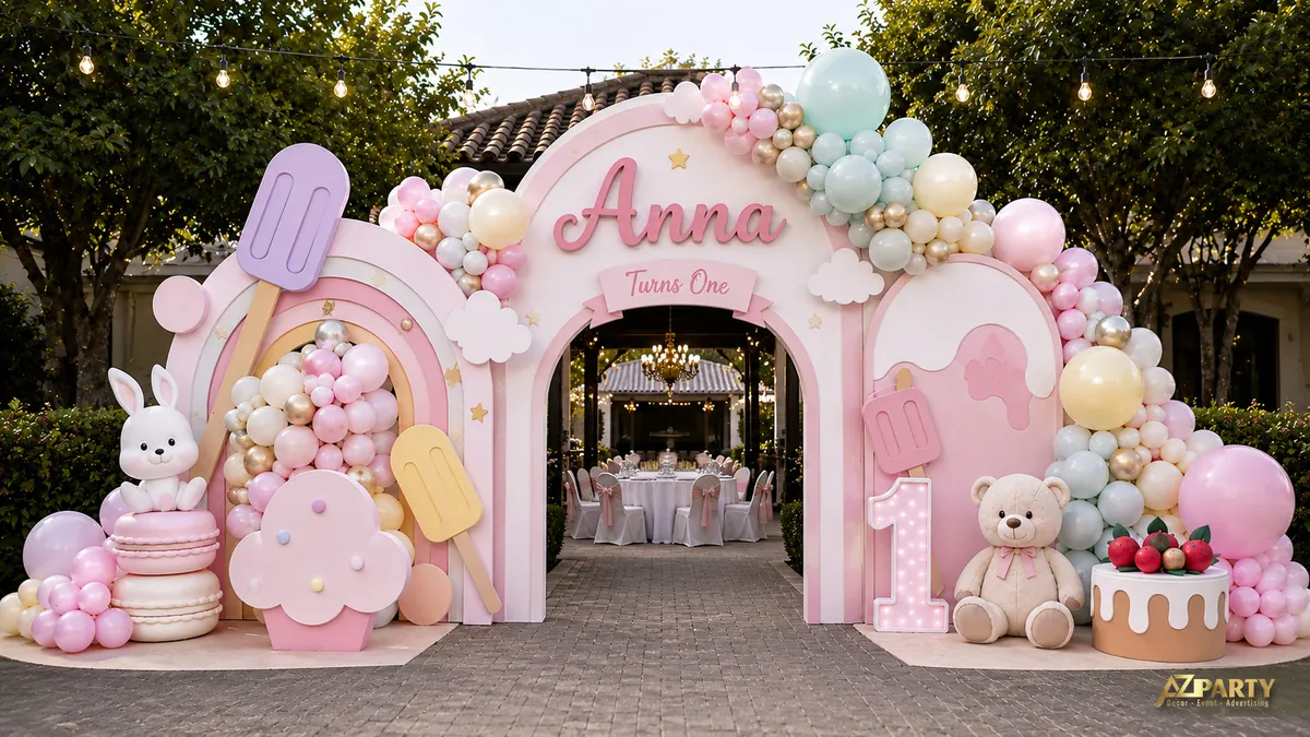Cổng thôi nôi Anna chủ đề kem ngọt pastel với thỏ, gấu bông, số 1 và bóng bay nhiều màu