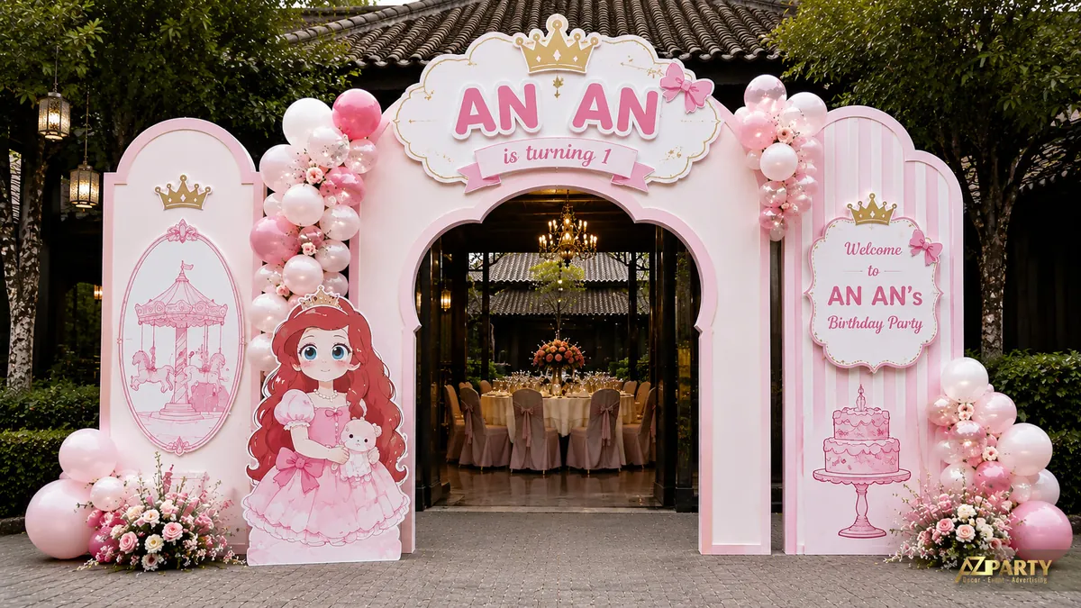 Cổng thôi nôi An An tone hồng công chúa với vương miện, carousel, standee bé gái và hoa tươi