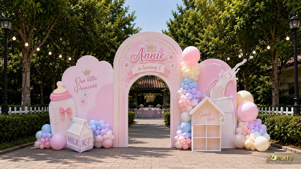 Cổng thôi nôi Annie chủ đề baby milk màu pastel với bình sữa, hộp sữa và bóng bay