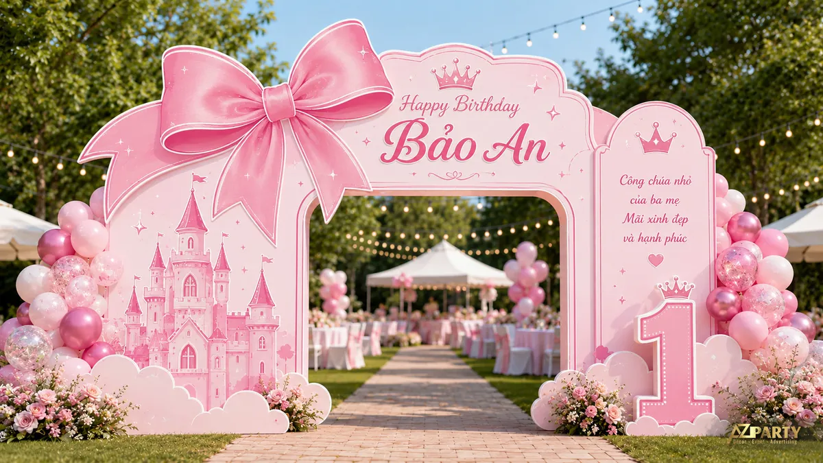 Cổng thôi nôi Bảo An tone hồng công chúa ngoài trời với nơ lớn, lâu đài, số 1 và cụm bóng hồng