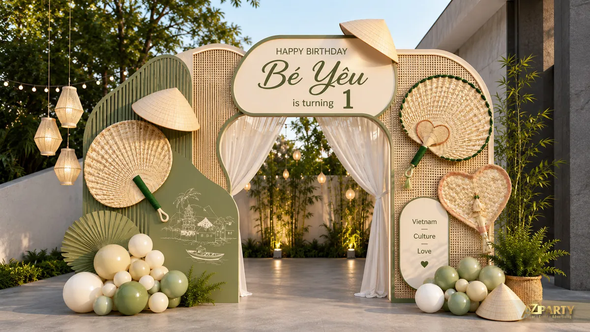 Cổng thôi nôi Bé Yêu phong cách Việt Nam với nan tre, nón lá, quạt mây, rèm trắng và tone xanh olive