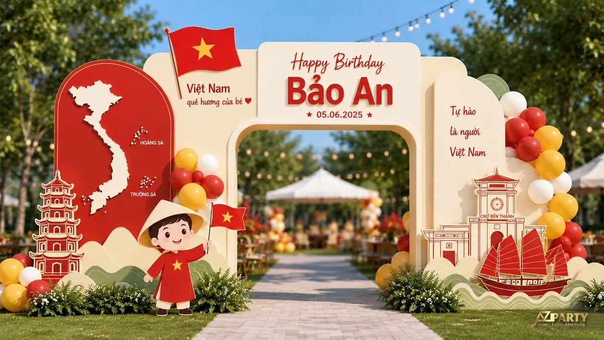Cổng thôi nôi Bảo An chủ đề Việt Nam ngoài trời với bản đồ, cờ đỏ sao vàng, áo dài, chợ Bến Thành và bóng đỏ vàng