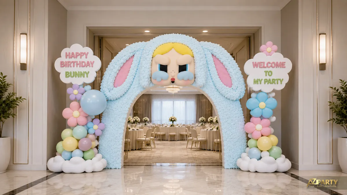 Cổng sinh nhật chủ đề bunny màu xanh pastel với tai thỏ lớn, hoa bóng và bảng welcome to my party