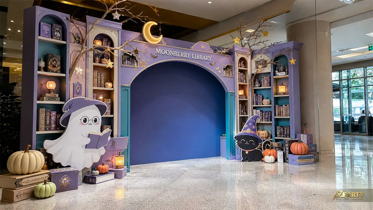 Cổng thư viện Halloween màu tím với ma đọc sách, mèo phù thủy và bí ngô pastel