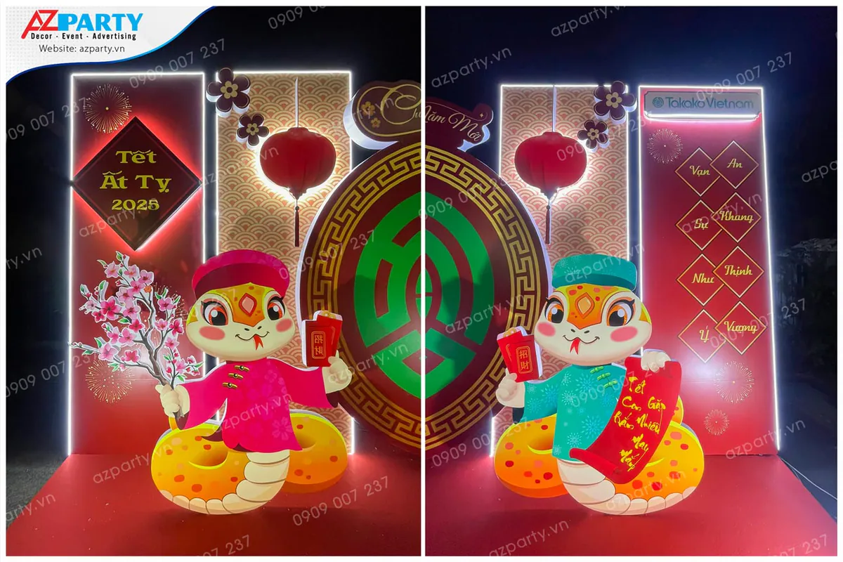 Chi tiết thiết kế hai bên cánh của tiểu cảnh Tết Ất Tỵ 2025 công ty Takako, trưng bày cặp linh vật rắn mặc áo dài cổ truyền độc đáo và tinh tế