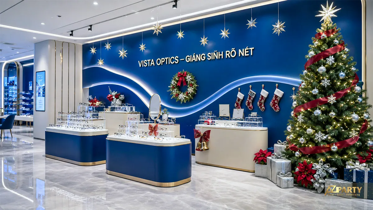 Cửa hàng kính mắt tông xanh với cây thông, tất Noel và sao treo