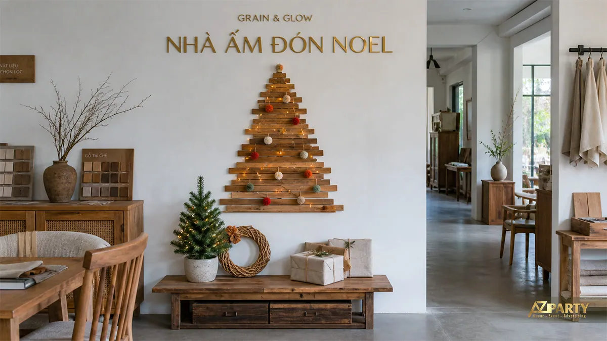 Cửa hàng nội thất với mảng cây gỗ, quà tặng và trang trí tối giản