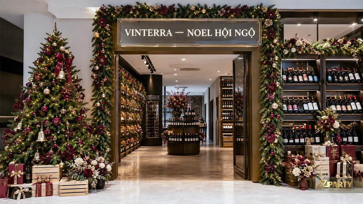 Cửa hàng rượu vang với cổng thông, rèm đỏ và cây Noel hai bên