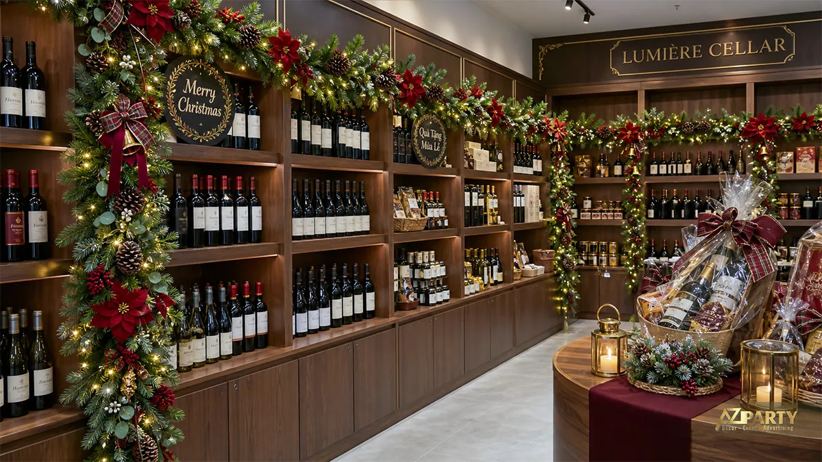 Cửa hàng rượu với dây thông, hoa trạng nguyên và giỏ quà Noel