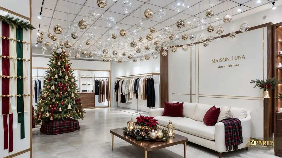 Cửa hàng thời trang với trần quả châu vàng và cây Noel tông caro