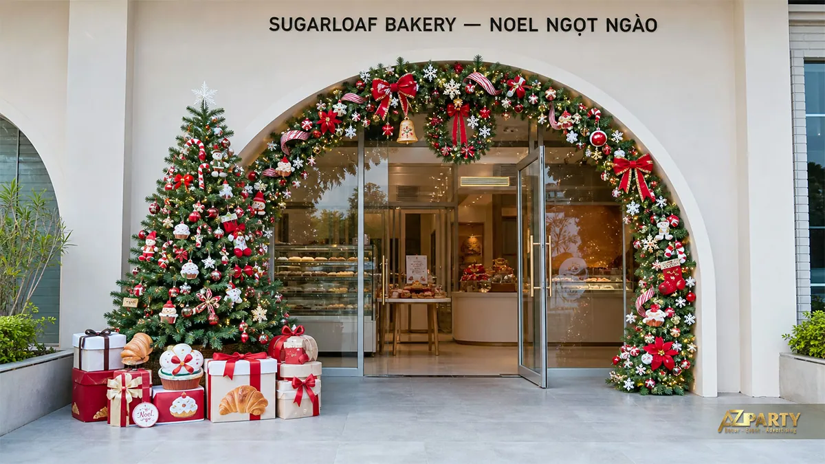 Cửa tiệm bánh với vòm thông, kẹo que và hộp quà Noel