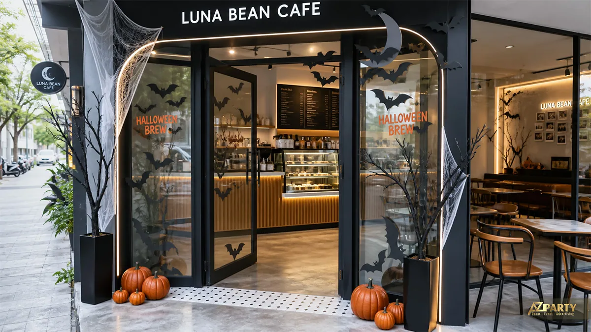 Cửa vào Luna Bean Cafe phủ mạng nhện, đàn dơi, cành cây đen và cụm bí ngô