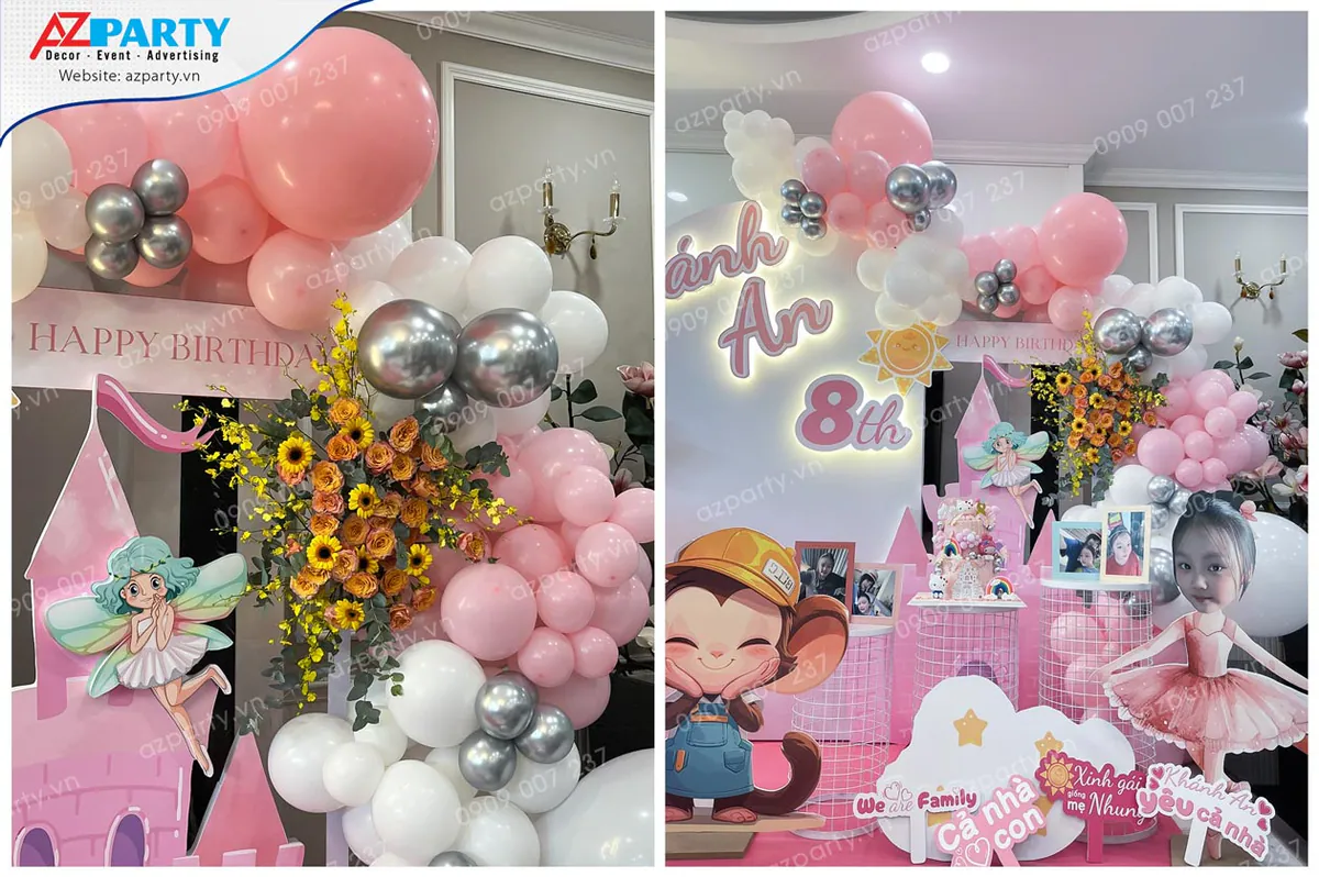 Hình ảnh so sánh góc trang trí bên phải của sân khấu sinh nhật Khánh An với lâu đài hồng, hoa hướng dương, hoa hồng kết hợp cùng bóng bay nghệ thuật và mô hình chibi dễ thương.