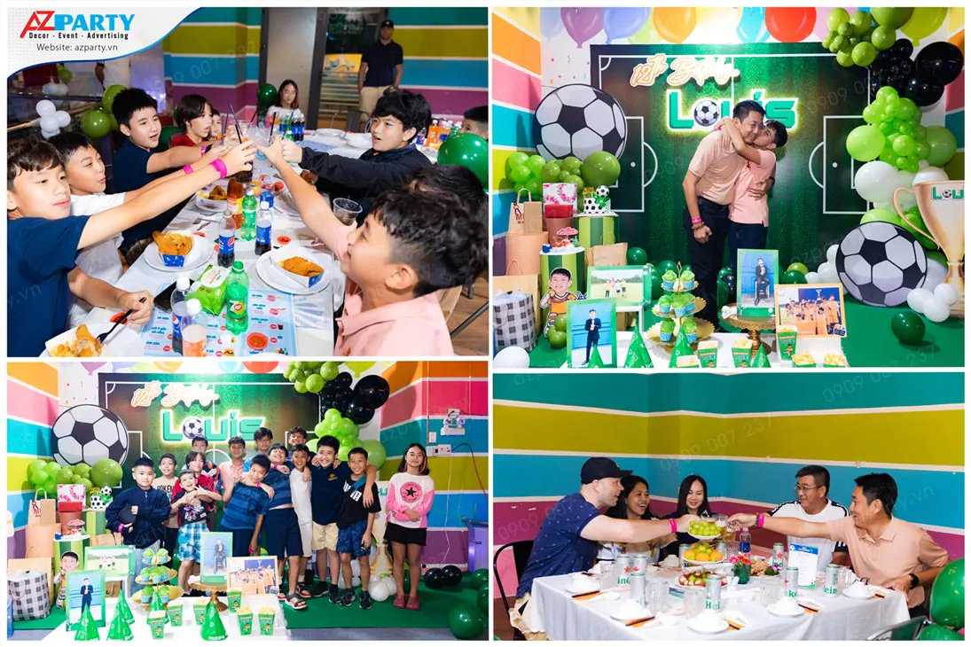 Collage các khoảnh khắc đáng nhớ tại tiệc sinh nhật bé Louis như bạn bè nâng ly, bố ôm bé ấm áp và bàn tiệc gia đình vui vẻ.