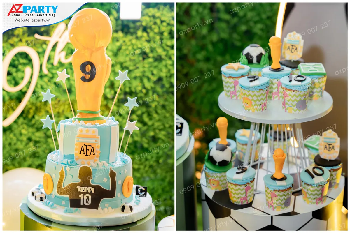 Cận cảnh chiếc bánh sinh nhật 2 tầng và khay bánh cupcake vẽ hình cúp vàng vô địch, logo đội tuyển Argentina cho sinh nhật 9 tuổi của bé Teppi.