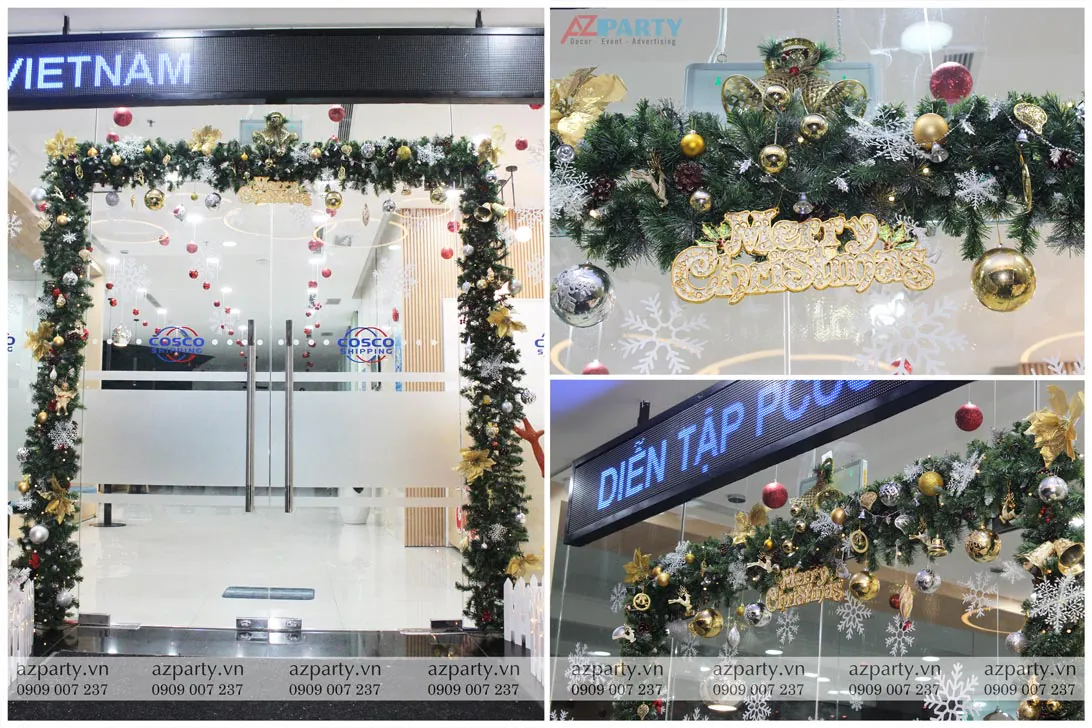 Cận cảnh trang trí dây thông xanh kết hợp hoa trạng nguyên vàng và bóng châu rực rỡ quanh viền cửa kính công ty COSCO SHIPPING.