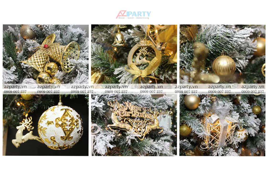 Cận cảnh các chi tiết phụ kiện trang trí sang trọng như quả châu vàng, chuông đôi và chữ Merry Christmas trên cây thông Noel.