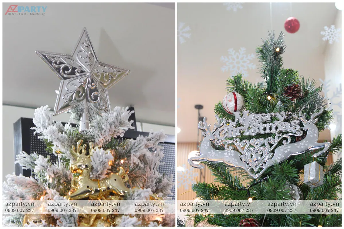 Ngôi sao bạc họa tiết tinh xảo đính trên đỉnh cây thông Noel phủ tuyết bên cạnh chú tuần lộc vàng lấp lánh.
