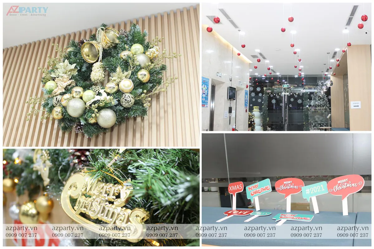 Hình ảnh tổng hợp trang trí Noel tại sảnh văn phòng COSCO gồm vòng nguyệt quế trên vách gỗ, bóng châu đỏ thả trần và hashtag XMAS.