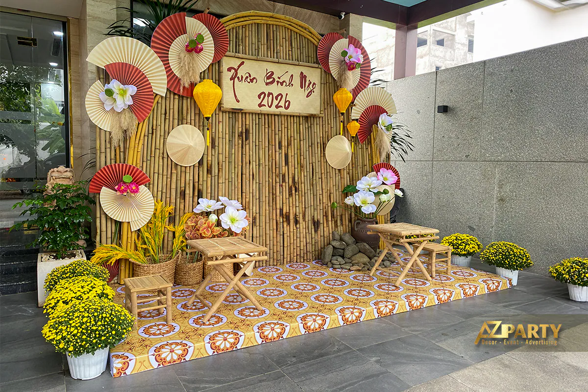 Tiểu cảnh Tết Xưa chất liệu tre nứa truyền thống và bộ bàn ghế tre