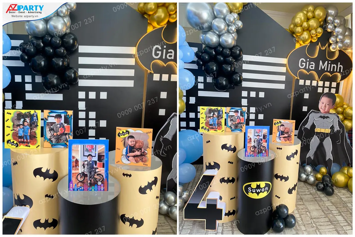 Collage các đôn gallery hình trụ in logo dơi Batman đặt các khung ảnh kỷ niệm ngộ nghĩnh của bé Gia Minh.