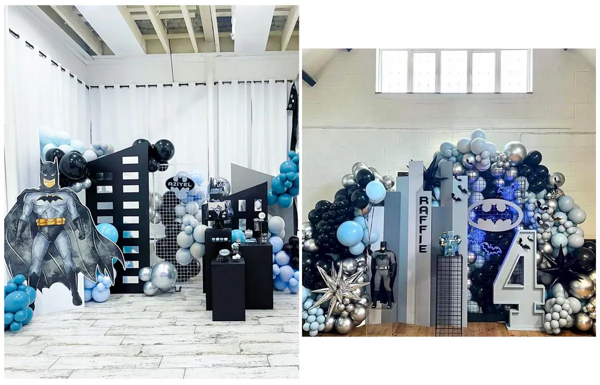 Collage hai không gian trang trí sinh nhật chủ đề Người Dơi trong nhà cho các bé Aziyel và Raffie nổi bật với bong bóng tông màu xám, đen, xanh.