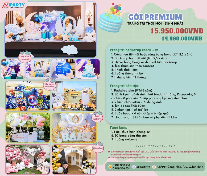 Tờ rơi giới thiệu gói trang trí Premium thôi nôi và sinh nhật cao cấp của AZParty với các hình ảnh thực tế bắt mắt và bảng giá chi tiết.