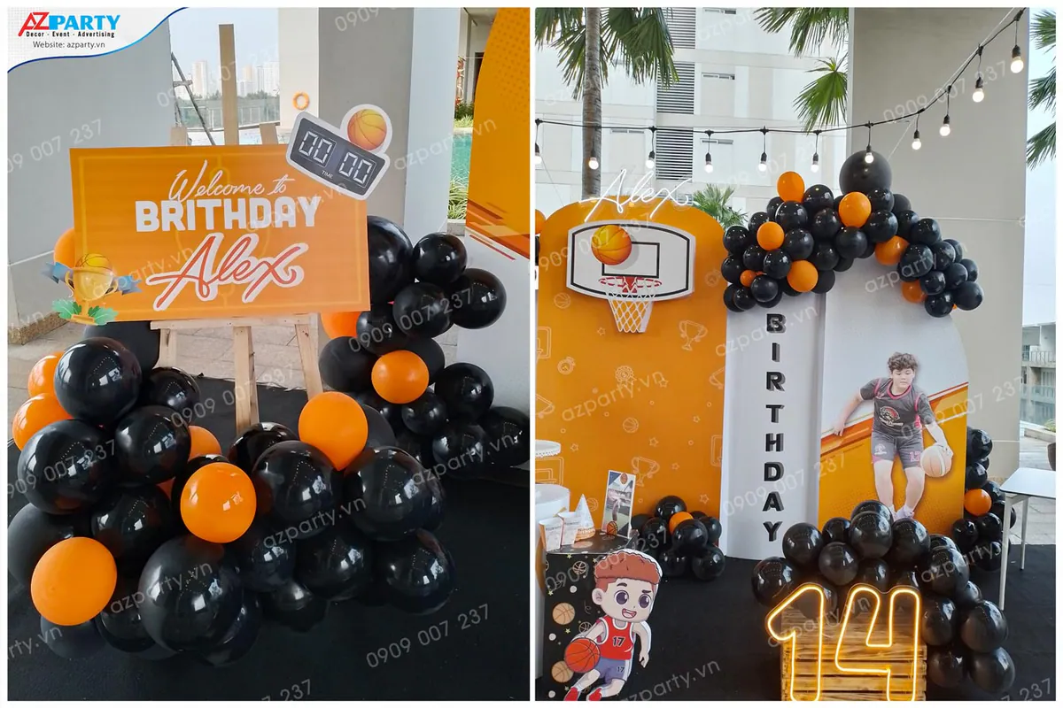 Hình ảnh so sánh bảng chào mừng 'Welcome to Birthday Alex' thiết kế hình bảng điểm điện tử và chi tiết trang trí sân khấu sinh nhật 14 tuổi chủ đề bóng rổ.