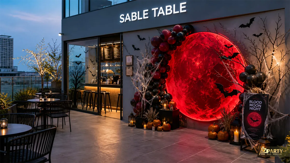 Góc Blood Moon Night tại Sable Table với trăng đỏ, dơi, bóng đen đỏ và bí ngô