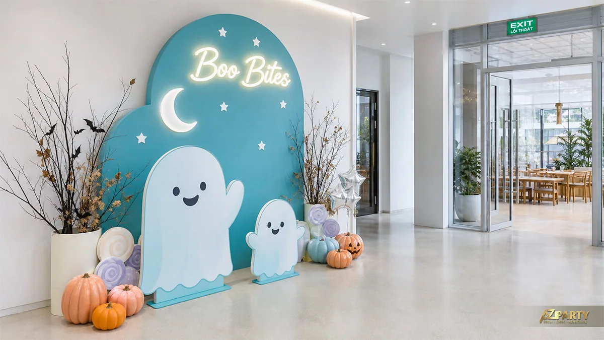 Góc check-in Boo Bites màu xanh với hai chú ma, trăng khuyết và bí ngô pastel