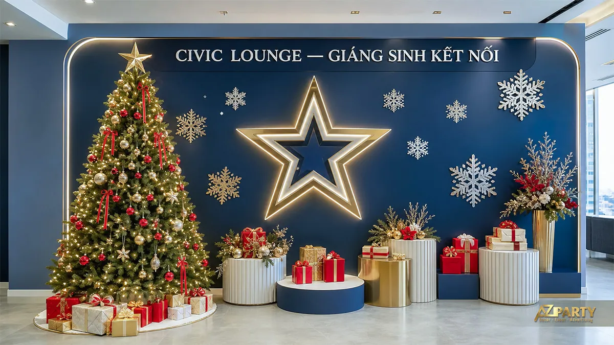 Góc check-in văn phòng tông xanh navy với cây thông và ngôi sao phát sáng