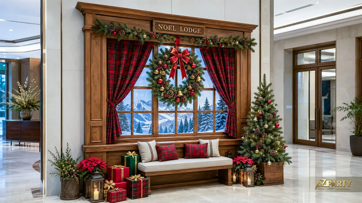 Góc chụp hình Noel với cửa sổ nhà gỗ, rèm caro và cây thông
