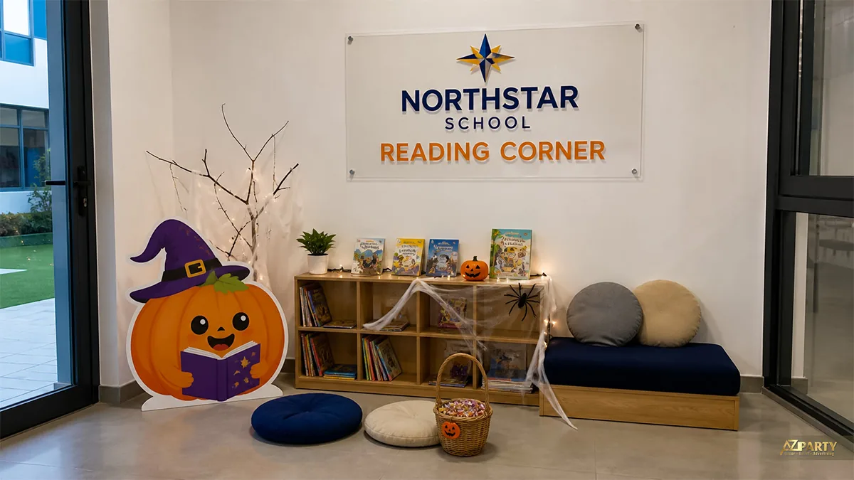 Góc đọc sách Halloween tại trường với bí ngô đội mũ và giỏ kẹo