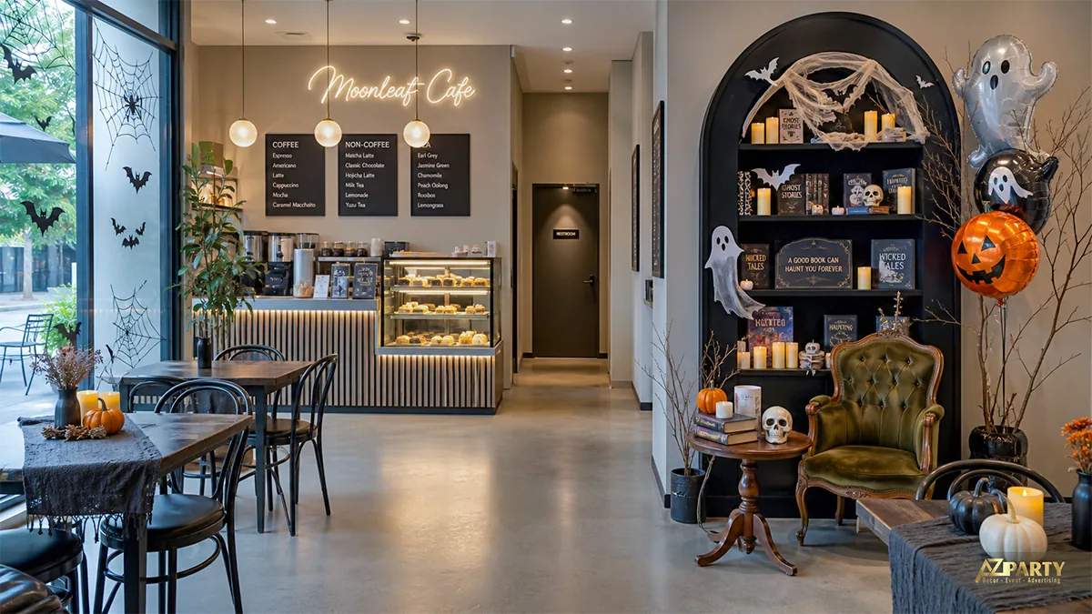 Góc đọc sách Moonleaf Cafe với ghế cổ, kệ sách ma, bóng ma và bí ngô