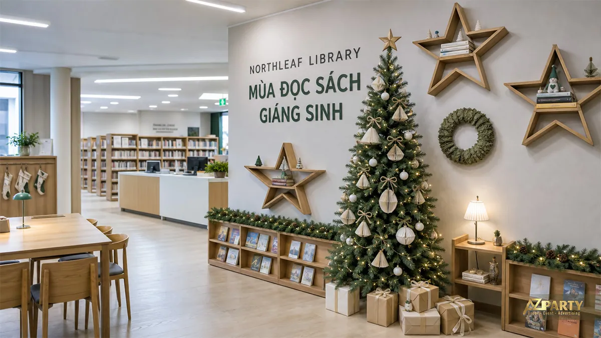 Góc đọc sách thư viện với cây thông, kệ sách và ngôi sao giấy