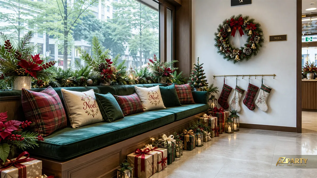 Góc ghế băng xanh với tất Noel, vòng nguyệt quế và gói quà