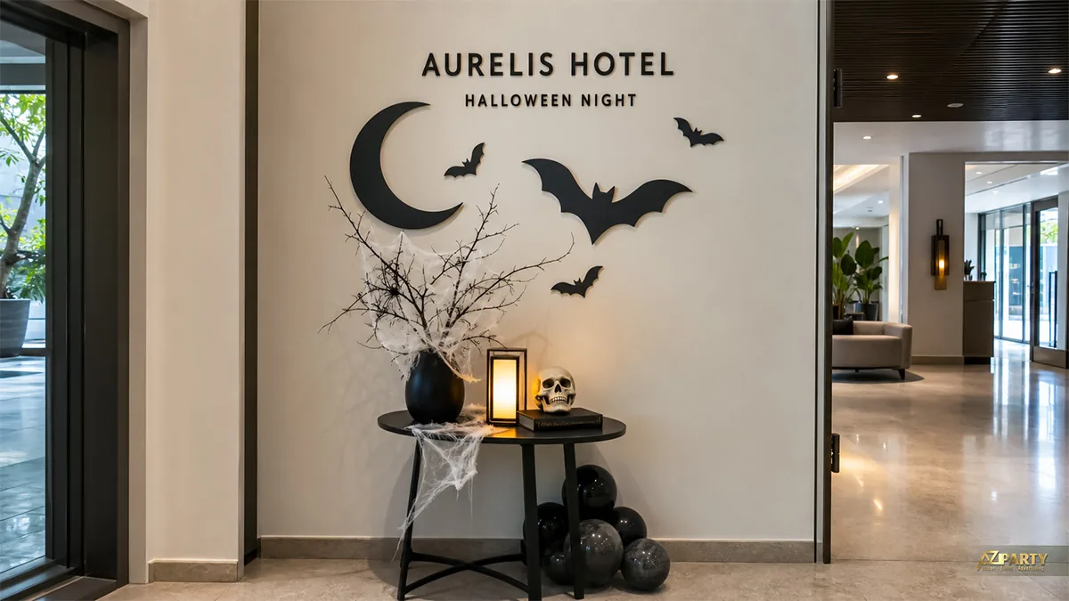 Góc Halloween khách sạn với đầu lâu, cành khô, bóng đen và đèn lồng