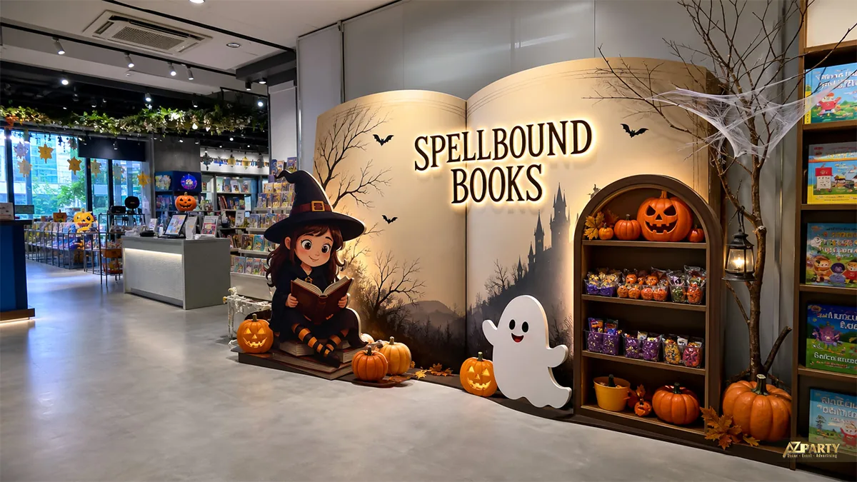 Góc Halloween trong nhà sách với cô bé phù thủy, bóng ma và kệ bánh kẹo