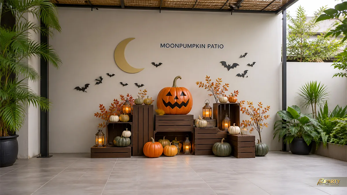 Góc hiên Halloween xếp thùng gỗ, bí ngô nhiều màu và đèn lồng