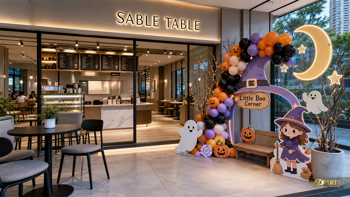 Góc Little Boo Corner tại Sable Table với phù thủy nhỏ, ma trắng và bóng tím cam
