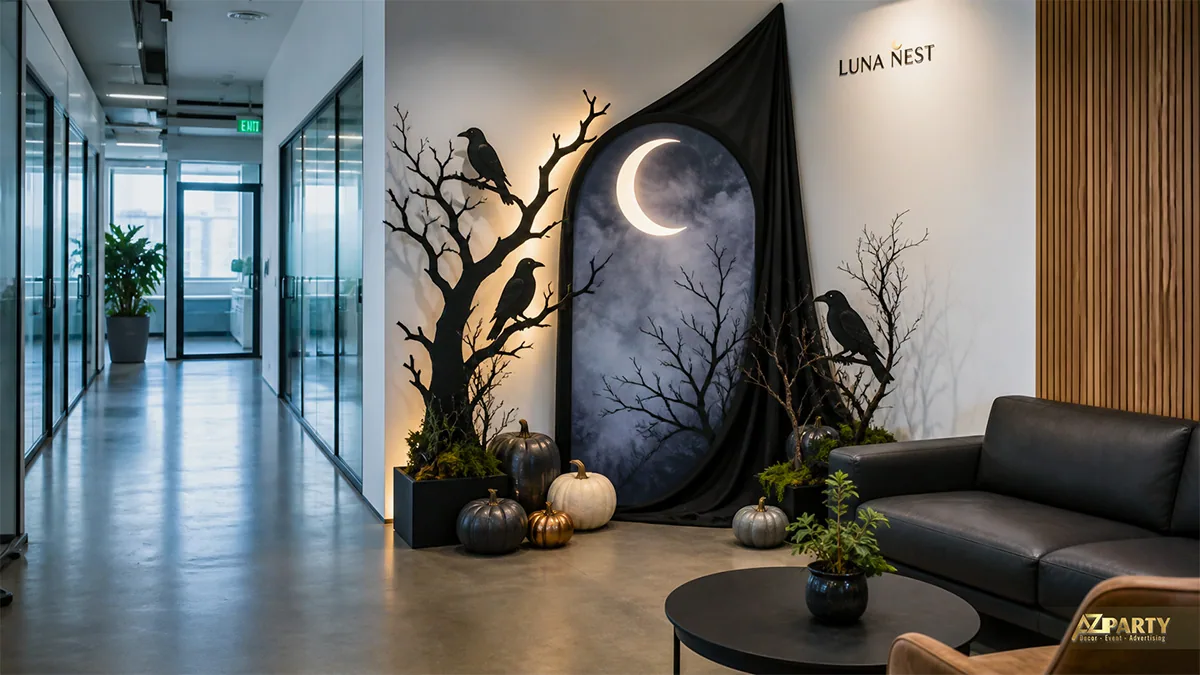 Góc lounge văn phòng Halloween với trăng khuyết, quạ đen, cây khô và bí ngô