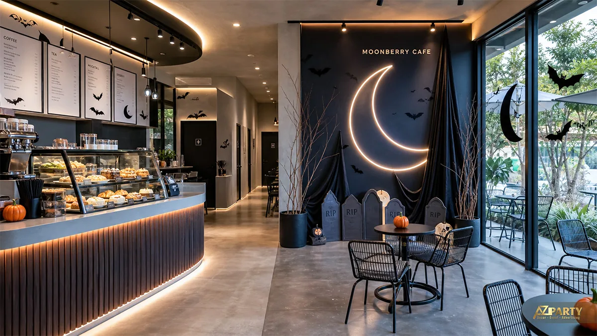 Góc Moonberry Cafe với trăng khuyết neon, bia mộ, dơi và cành cây khô