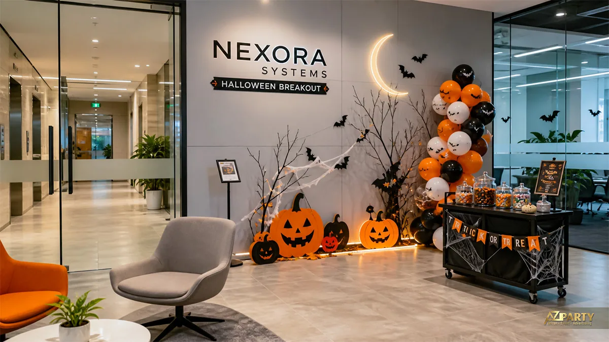 Góc nghỉ văn phòng Halloween với xe kẹo, bóng cam đen, bí ngô và trăng sáng