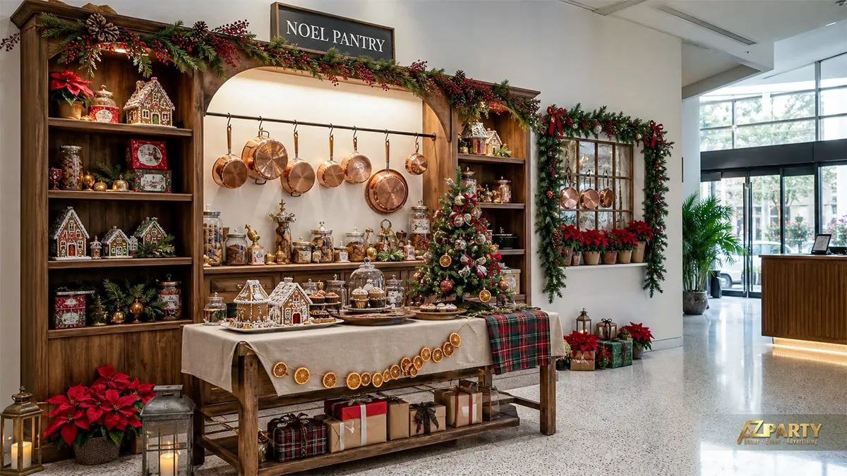 Góc pantry Noel với đồ gốm, bánh gừng, cây thông và dây cam khô