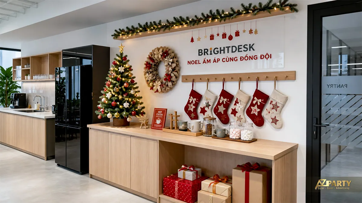Góc pantry văn phòng với cây thông nhỏ, vòng nguyệt quế và tất Noel