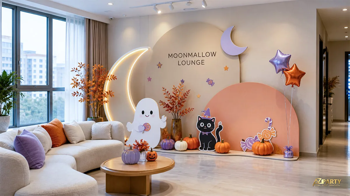 Góc phòng khách Halloween nhẹ nhàng với ma nhỏ, mèo đen, bí ngô và trăng sáng
