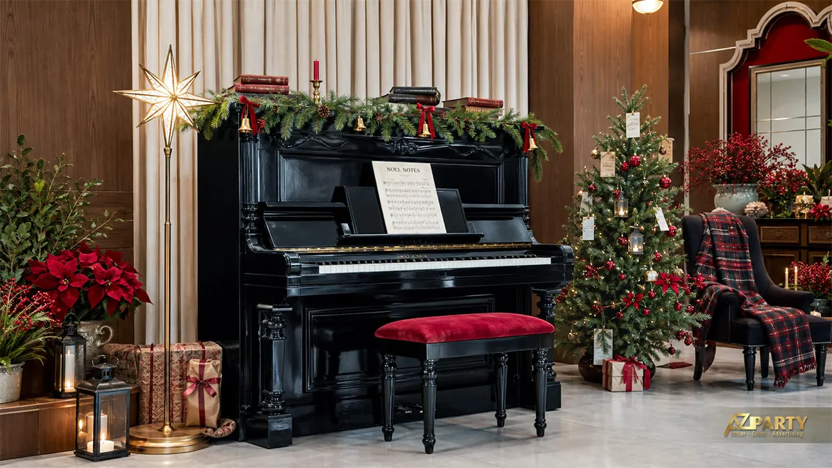 Góc piano cổ điển với cây thông, ghế da và thảm caro