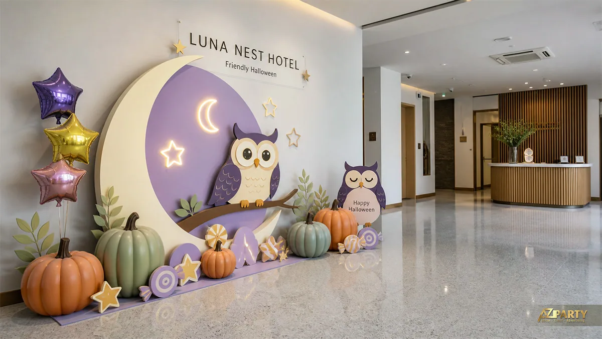 Góc sảnh khách sạn Halloween thân thiện với cú mèo, trăng tím, kẹo và bí ngô